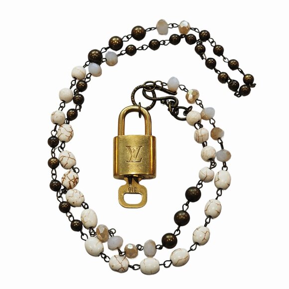 Louis Vuitton Gold Padlock & Key Neutral Beaded Statement Necklace - Picture 1 of 7